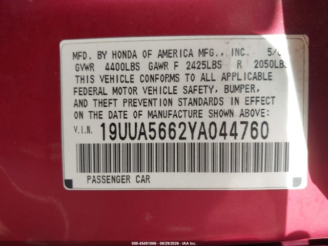 45491866 :رقم المزاد ، 19UUA5662YA044760 vin ، 2000 Acura Tl 3.2 مزاد بيع