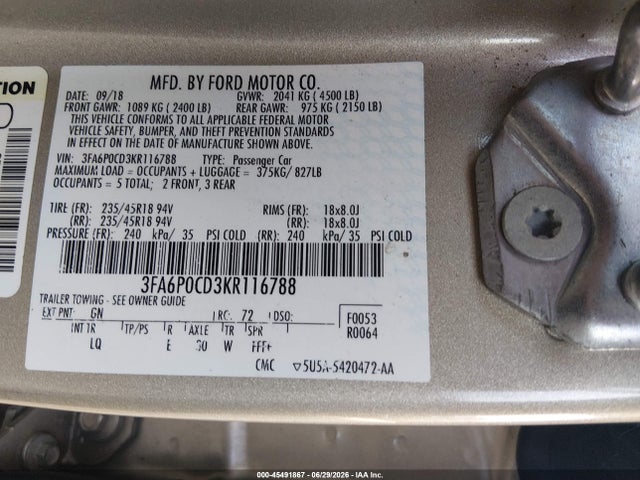 45491867 :رقم المزاد ، 3FA6P0CD3KR116788 vin ، 2019 Ford Fusion Sel مزاد بيع