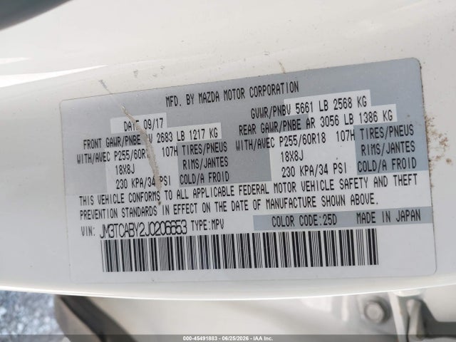45491883 :رقم المزاد ، JM3TCABY2J0206653 vin ، 2018 Mazda Cx-9 Sport مزاد بيع
