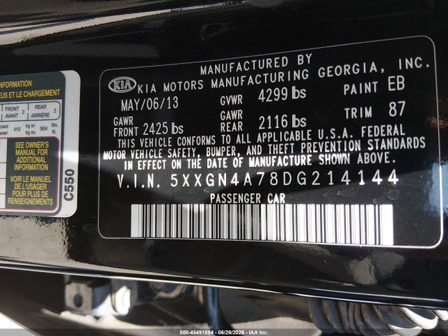2013 Kia Optima Ex მანქანა იყიდება აუქციონზე, vin: 5XXGN4A78DG214144, აუქციონის ნომერი: 45491884