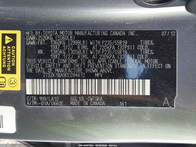 Aukcja sprzedaży 2013 Lexus Rx 350, vin: 2T2ZK1BA9DC094612, numer aukcji: 45491904