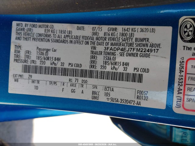 Aukcja sprzedaży 2015 Ford Fiesta Se, vin: 3FADP4EJ7FM224917, numer aukcji: 45491909