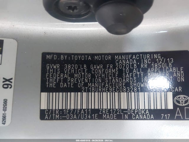 Toyota COROLLA L 2014 2T1BURHE9EC083281 Image 9