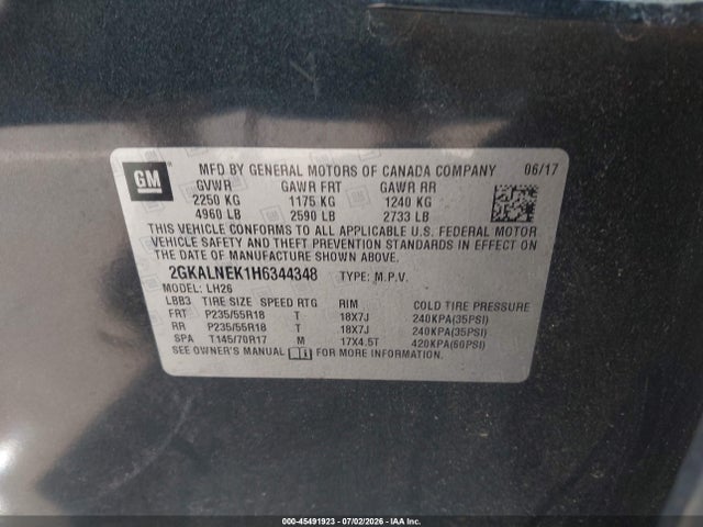 45491923 :رقم المزاد ، 2GKALNEK1H6344348 vin ، 2017 Gmc Terrain Sle-2 مزاد بيع