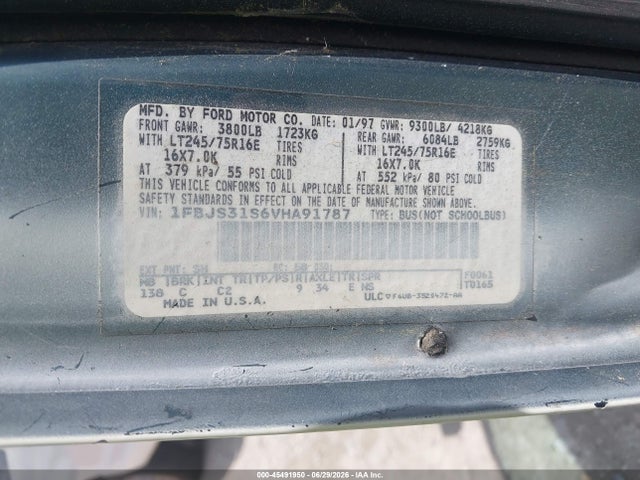 Продаж на аукціоні авто 1997 Ford Club Wagon Xl/xlt, vin: 1FBJS31S6VHA91787, номер лоту: 45491950