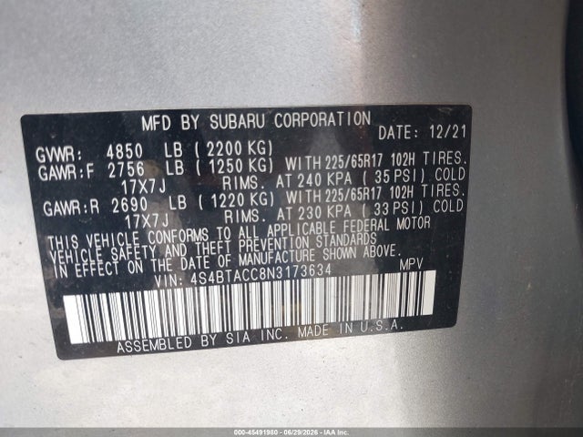 45491980 :رقم المزاد ، 4S4BTACC8N3173634 vin ، 2022 Subaru Outback Premium مزاد بيع