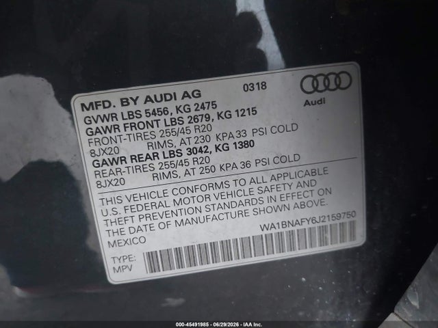 Продаж на аукціоні авто 2018 Audi Q5 2.0t Premium, vin: WA1BNAFY6J2159750, номер лоту: 45491985
