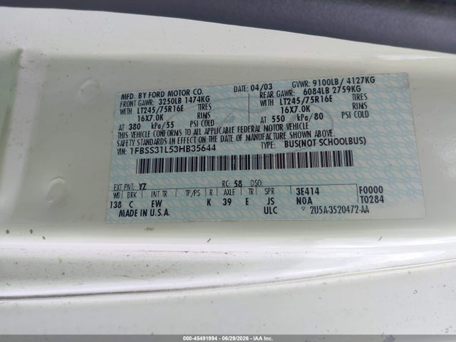 45491994 :رقم المزاد ، 1FBSS31L53HB35644 vin ، 2003 Ford E-350 Super Duty Xl/xlt مزاد بيع