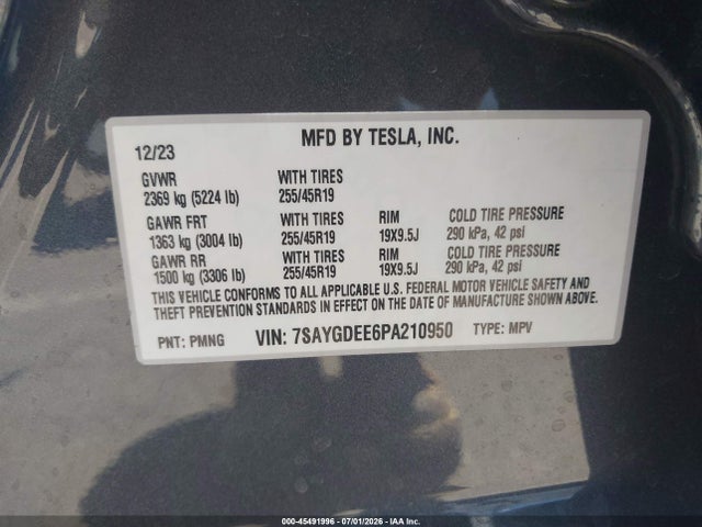 45491996 :رقم المزاد ، 7SAYGDEE6PA210950 vin ، 2023 Tesla Model Y Awd/long Range Dual Motor All-wheel Drive مزاد بيع