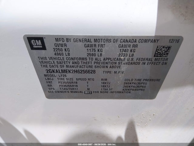 Aukcja sprzedaży 2017 Gmc Terrain Sle-1, vin: 2GKALMEK2H6256628, numer aukcji: 45491997