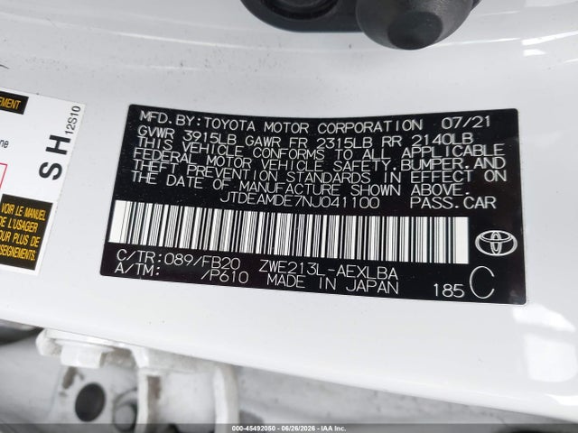 JTDEAMDE7NJ041100 Toyota Corolla Hybrid Le