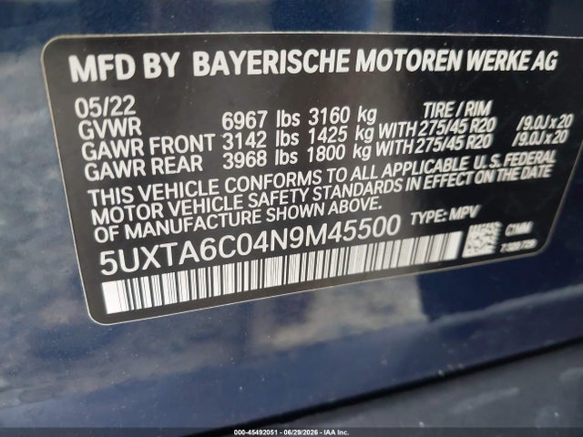 Aukcja sprzedaży 2022 Bmw X5 Phev Xdrive45e, vin: 5UXTA6C04N9M45500, numer aukcji: 45492051