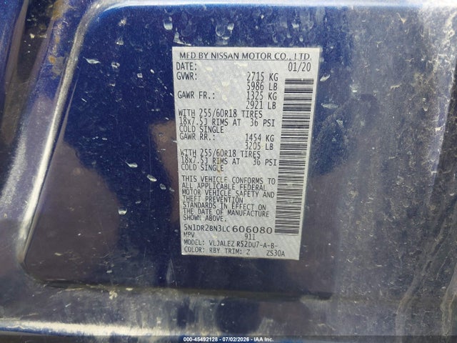 45492128 :رقم المزاد ، 5N1DR2BN3LC606080 vin ، 2020 Nissan Pathfinder Sv 2wd مزاد بيع