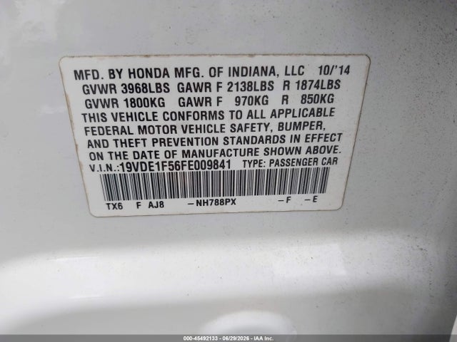 45492133 :رقم المزاد ، 19VDE1F56FE009841 vin ، 2015 Acura Ilx 2.0l مزاد بيع