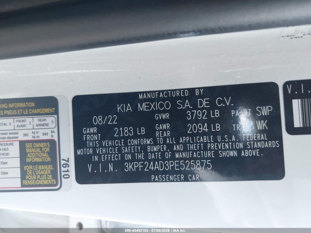 Aukcja sprzedaży 2023 Kia Forte Lxs, vin: 3KPF24AD3PE525875, numer aukcji: 45492153