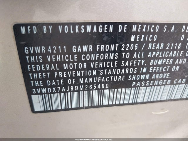 45492166 :رقم المزاد ، 3VWDX7AJ9DM265450 vin ، 2013 Volkswagen Jetta 2.5l Se مزاد بيع