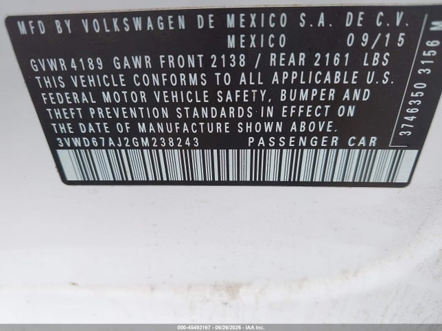 Aukcja sprzedaży 2016 Volkswagen Jetta 1.4t Se, vin: 3VWD67AJ2GM238243, numer aukcji: 45492167