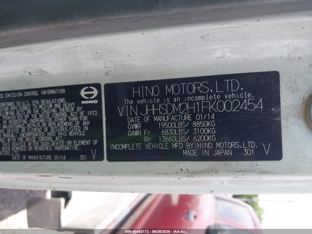 Aukcja sprzedaży 2015 Hino 195, vin: JHHSDM2H1FK002454, numer aukcji: 45492173