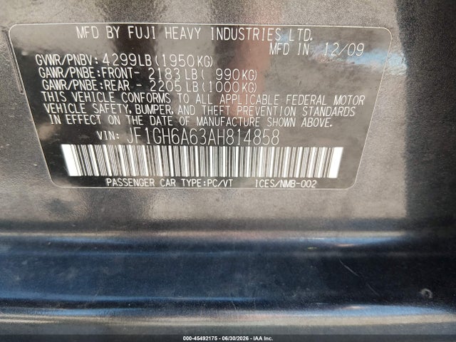 Продажа на аукционе авто 2010 Subaru Impreza 2.5i, vin: JF1GH6A63AH814858, номер лота: 45492175