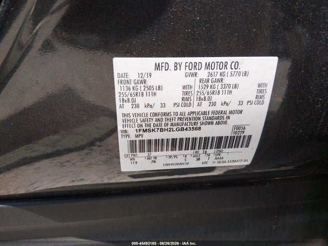 Aukcja sprzedaży 2020 Ford Explorer, vin: 1FMSK7BH2LGB43568, numer aukcji: 45492185