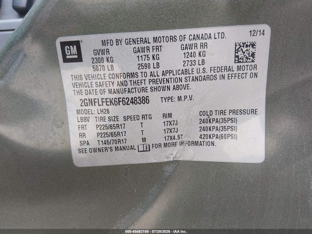2015 Chevrolet Equinox Lt მანქანა იყიდება აუქციონზე, vin: 2GNFLFEK6F6248386, აუქციონის ნომერი: 45492189