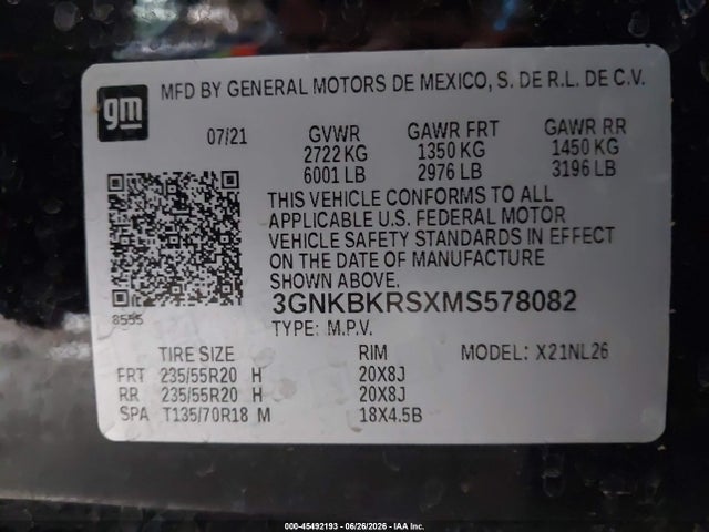 45492193 :رقم المزاد ، 3GNKBKRSXMS578082 vin ، 2021 Chevrolet Blazer Awd Rs مزاد بيع