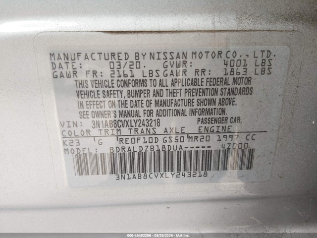 3N1AB8CVXLY243218 Nissan Sentra Sv Xtronic Cvt