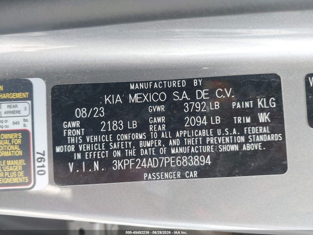 Aukcja sprzedaży 2023 Kia Forte Lxs, vin: 3KPF24AD7PE683894, numer aukcji: 45492236