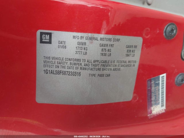 Aukcja sprzedaży 2008 Chevrolet Cobalt Lt, vin: 1G1AL58F687230316, numer aukcji: 45492252