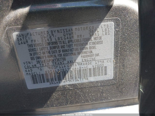 Nissan SENTRA SV 2019 3N1AB7AP9KY367798 Image 9