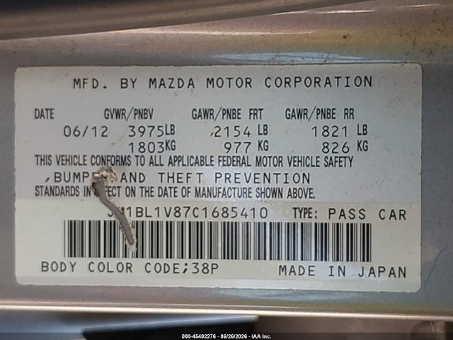 Продажа на аукционе авто 2012 Mazda Mazda3 I Touring, vin: JM1BL1V87C1685410, номер лота: 45492276