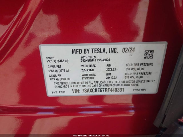 7SAXCBE67RF440331 Tesla Model X Plaid Tri Motor All-wheel Drive