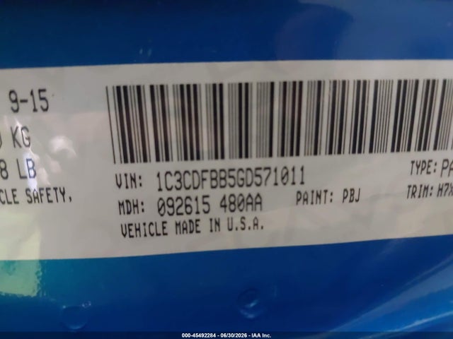 45492284 :رقم المزاد ، 1C3CDFBB5GD571011 vin ، 2016 Dodge Dart Sxt مزاد بيع