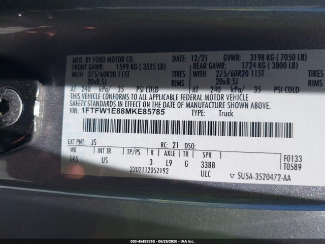 1FTFW1E88MKE85785 Ford F-150 King Ranch/lariat/limited/platinum/tremor/xl/xlt