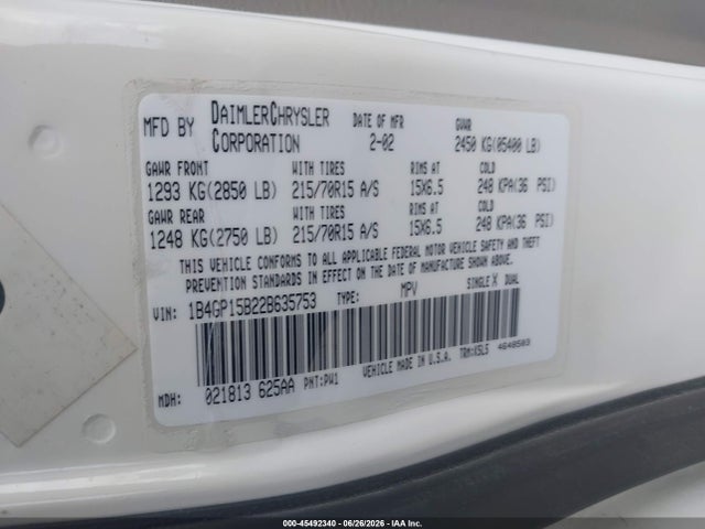Aukcja sprzedaży 2002 Dodge Caravan Ec, vin: 1B4GP15B22B635753, numer aukcji: 45492340