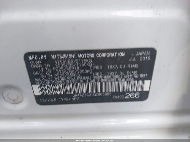 45492346 :رقم المزاد ، JA4AZ3A31GZ063855 vin ، 2016 Mitsubishi Outlander Es مزاد بيع