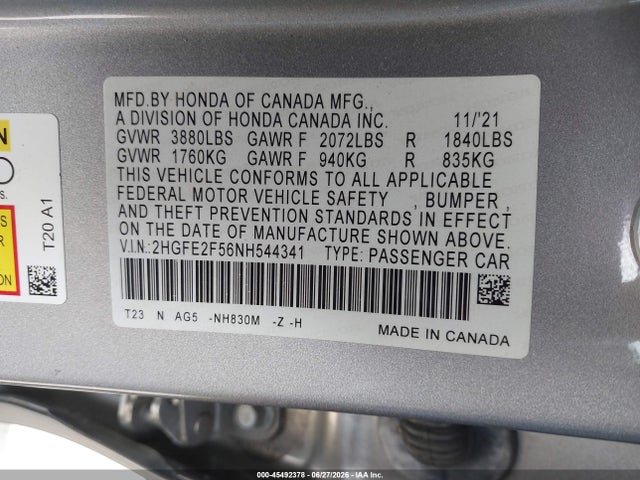 2HGFE2F56NH544341 Honda Civic Sport
