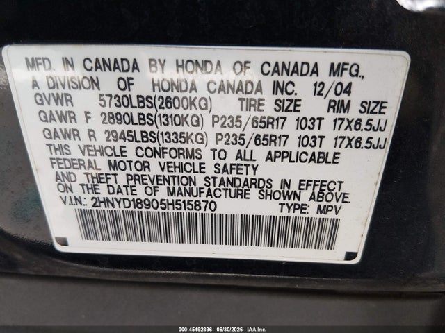Продаж на аукціоні авто 2005 Acura Mdx, vin: 2HNYD18905H515870, номер лоту: 45492396