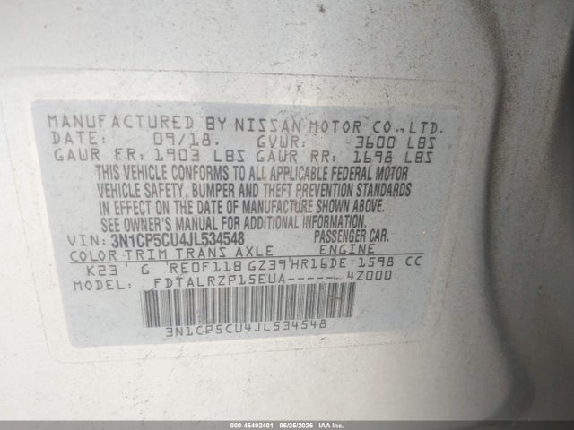 45492401 :رقم المزاد ، 3N1CP5CU4JL534548 vin ، 2018 Nissan Kicks S مزاد بيع