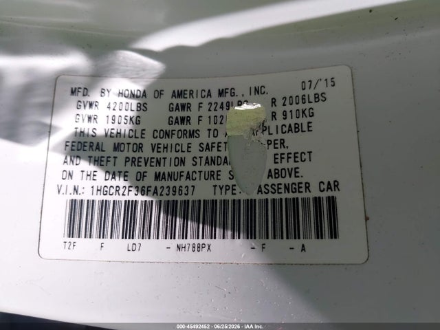 Honda ACCORD LX 2015 1HGCR2F36FA239637 Image 9