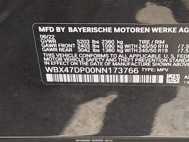 45492465 :رقم المزاد ، WBX47DP00NN173766 vin ، 2022 Bmw X3 Sdrive30i مزاد بيع