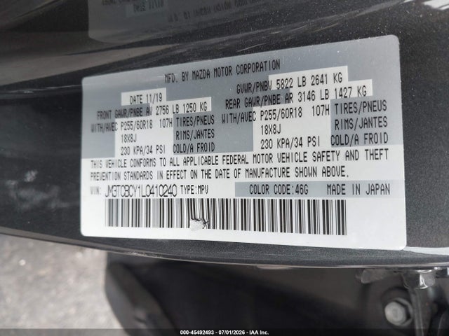 2020 Mazda Cx-9 Touring მანქანა იყიდება აუქციონზე, vin: JM3TCBCY1L0410240, აუქციონის ნომერი: 45492493