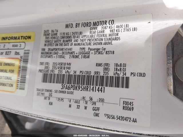 Продажа на аукционе авто 2017 Ford Fusion Platinum/titanium, vin: 3FA6P0K95HR141441, номер лота: 45492498