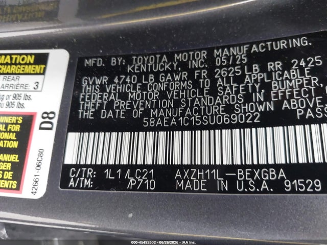 Aukcja sprzedaży 2025 Lexus Es 300h Luxury, vin: 58AEA1C15SU069022, numer aukcji: 45492502