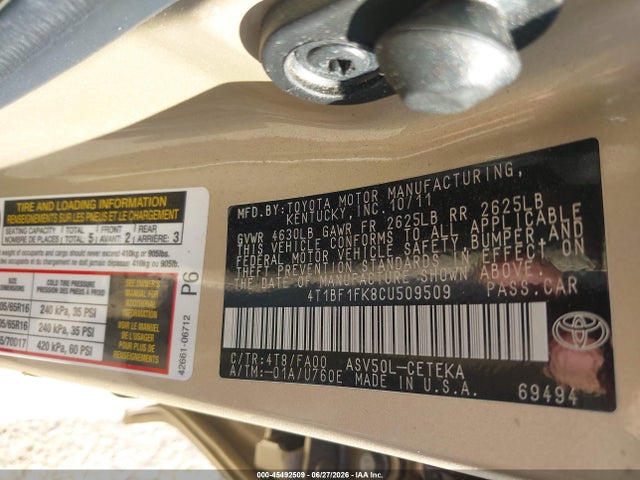 Aukcja sprzedaży 2012 Toyota Camry L, vin: 4T1BF1FK8CU509509, numer aukcji: 45492509