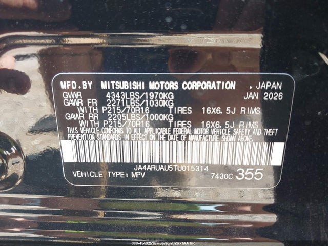 45492515 :رقم المزاد ، JA4ARUAU5TU015314 vin ، 2026 Mitsubishi Outlander Sport 2.0 Es/2.0 Le/2.0 Ralliart/2.0 S/2.0 Se/2.0 Trail Edition مزاد بيع