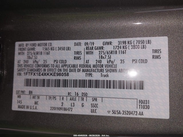 1FTFX1E4XKKE98058 Ford F-150 Xlt