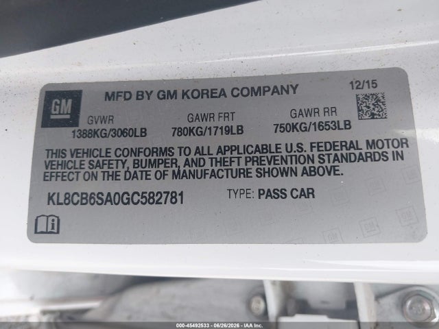 45492533 :رقم المزاد ، KL8CB6SA0GC582781 vin ، 2016 Chevrolet Spark Ls Cvt مزاد بيع