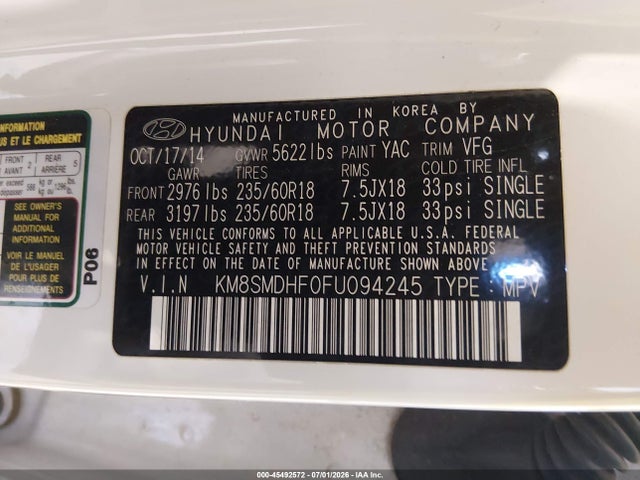 Продаж на аукціоні авто 2015 Hyundai Santa Fe Gls, vin: KM8SMDHF0FU094245, номер лоту: 45492572