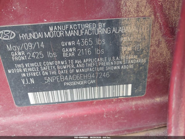 45492581 :رقم المزاد ، 5NPEB4AC6EH947246 vin ، 2014 Hyundai Sonata Gls مزاد بيع